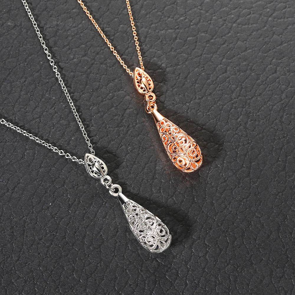classical Style Vintage Chain Pendant Necklaces Hollow Out Water Drop White Rose Gold Color Party Gift Jewelry For Women DWN583M