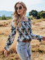 Chiffon Digital Printed Elastic Waist Floral Tight-Fitting Slimming Blouse Women