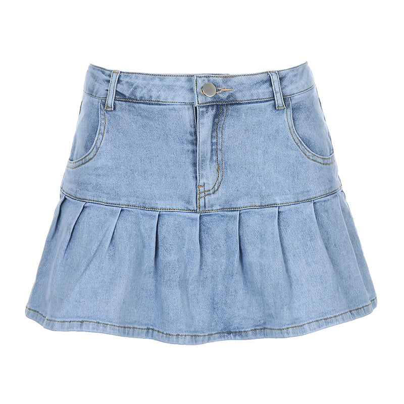 Jupe en jean taille haute à volants de style européen et américain