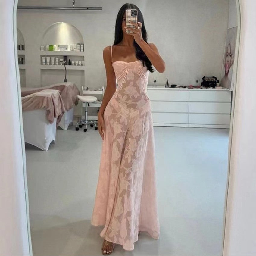Robe Bretelles en Dentelle Florale Sexy, Mode Été, Robes Longues Slim à Lacets au Dos, Tenue de Soirée Club pour Femme