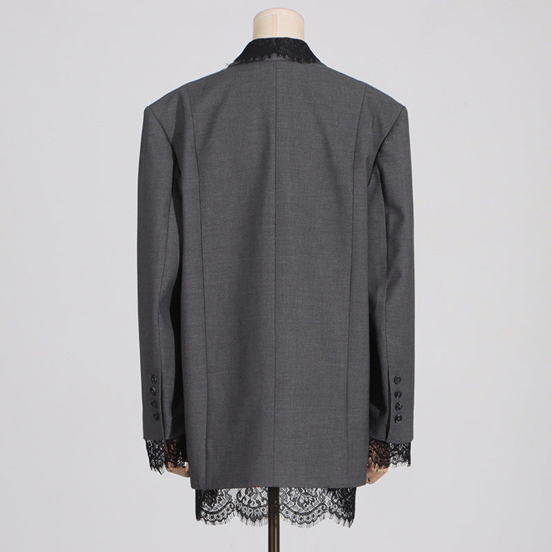 Blazer structuré à manches longues et empiècements en dentelle pour femme