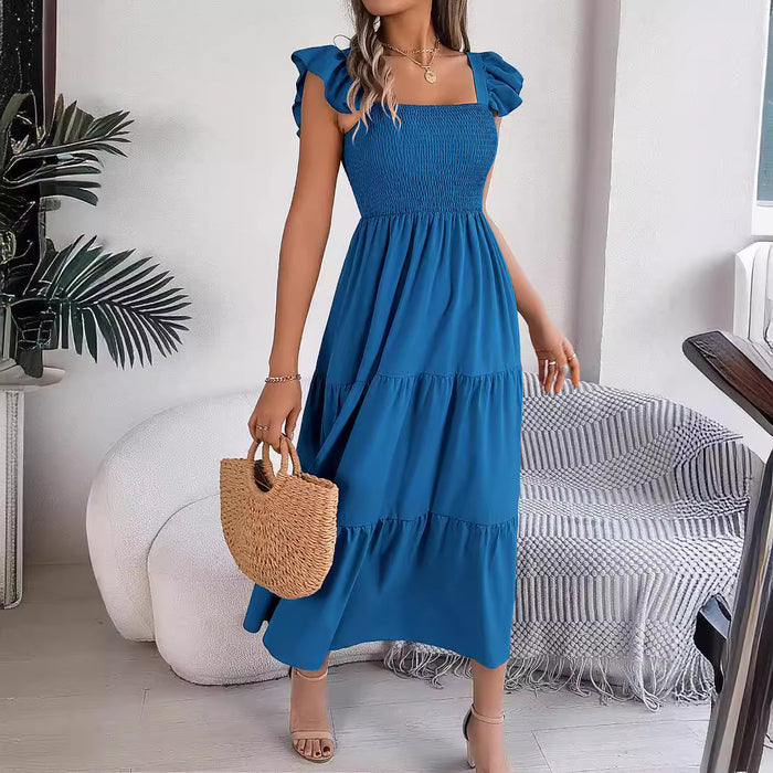 Robe d'été décontractée pour femme - Robe sans manches mi-longue plissée et longue à volants