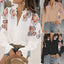 New Fashion V-neck Puff Sleeve Ruffles Blouse For Women