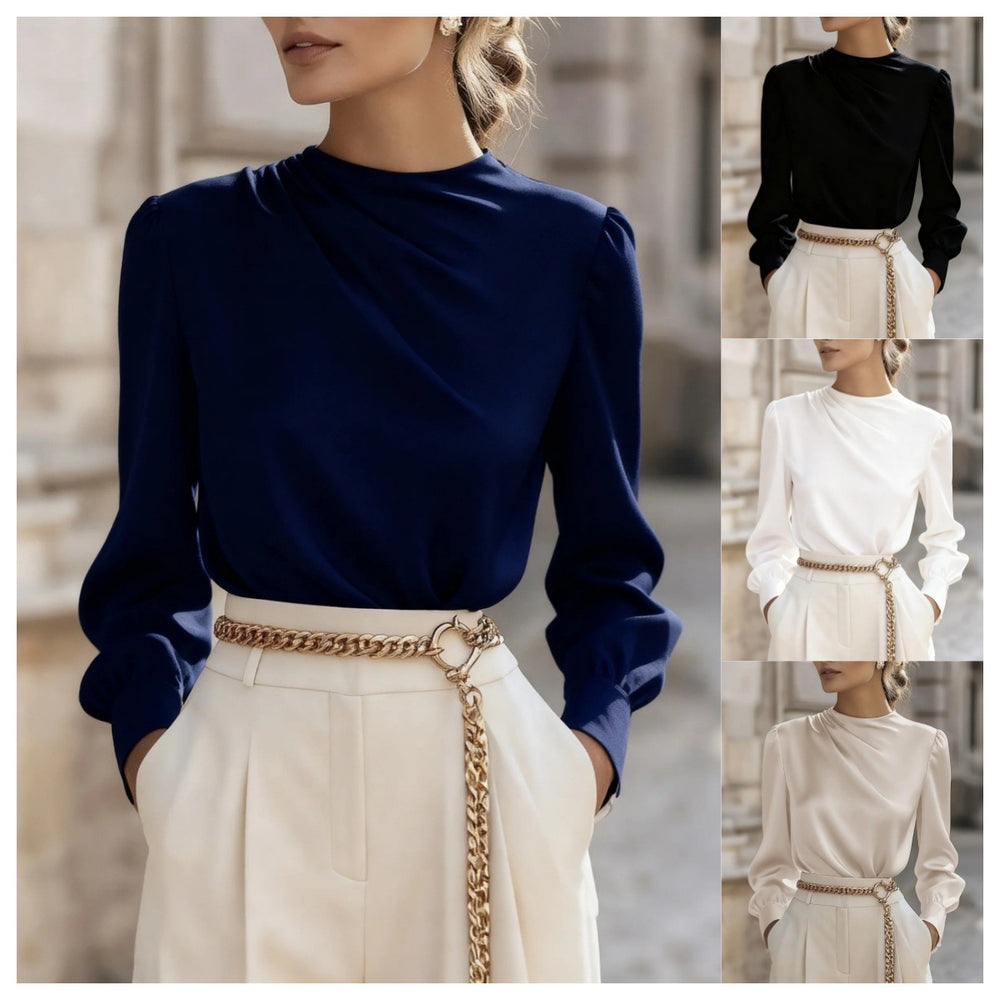 Chemisier plissé à col montant et manches lanternes pour femme, style simple et élégant