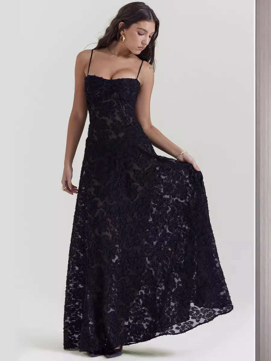 Robe Bretelles en Dentelle Florale Sexy, Mode Été, Robes Longues Slim à Lacets au Dos, Tenue de Soirée Club pour Femme