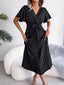 Women Elegant Cross V Neck Flowy Pleated Maxi Dress