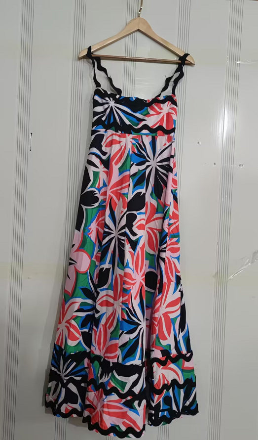 Robe longue à bretelles motif ondulé imprimé fleurs pour femme, style bohème A-line, mode féminine