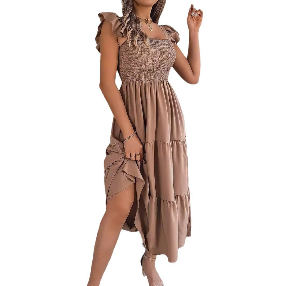 Robe d'été décontractée pour femme - Robe sans manches mi-longue plissée et longue à volants