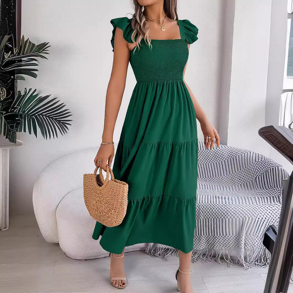 Robe d'été décontractée pour femme - Robe sans manches mi-longue plissée et longue à volants