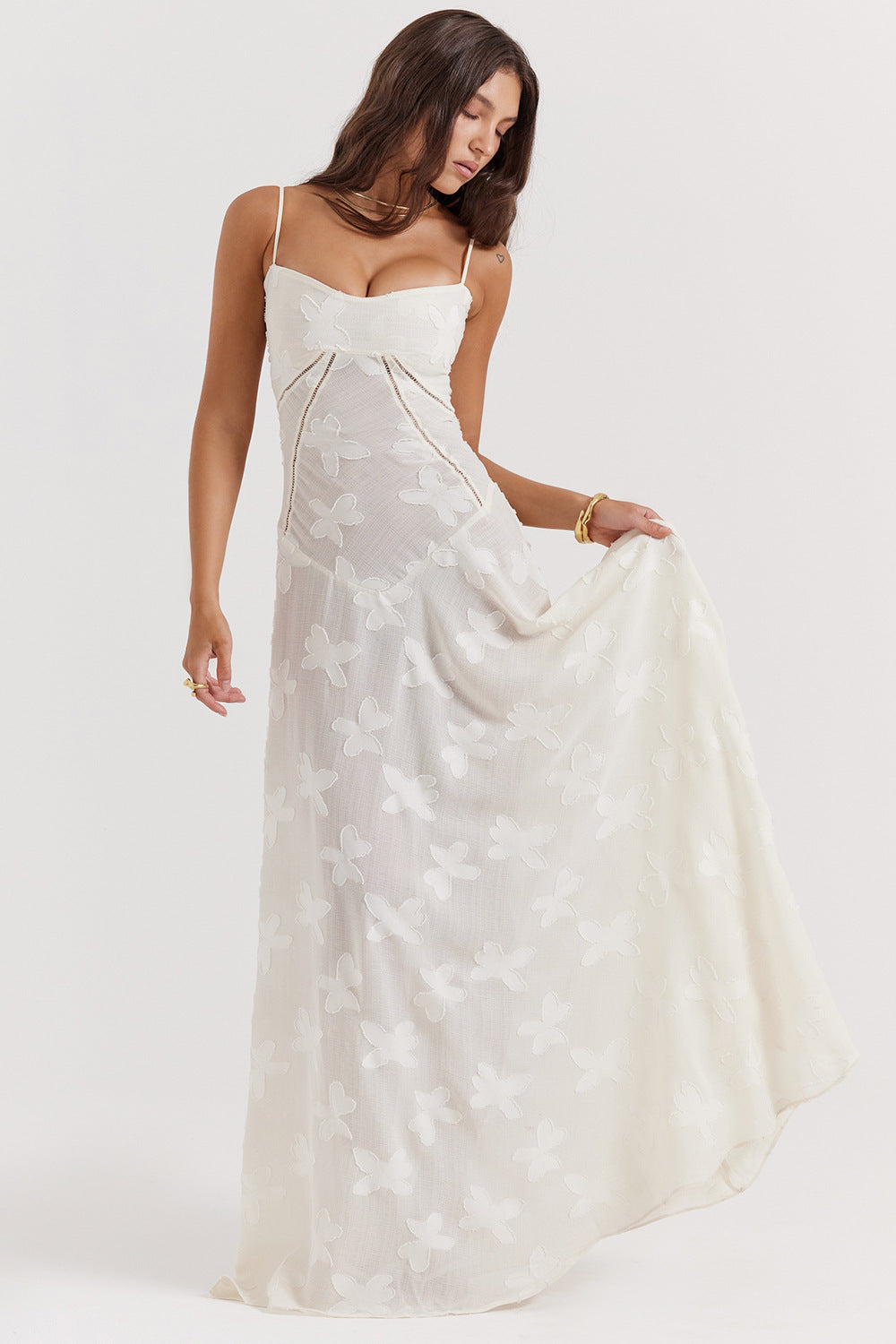 Robe Bretelles en Dentelle Florale Sexy, Mode Été, Robes Longues Slim à Lacets au Dos, Tenue de Soirée Club pour Femme