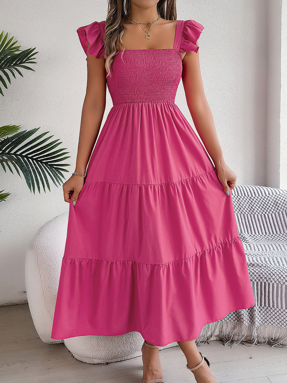 Robe d'été décontractée pour femme - Robe sans manches mi-longue plissée et longue à volants