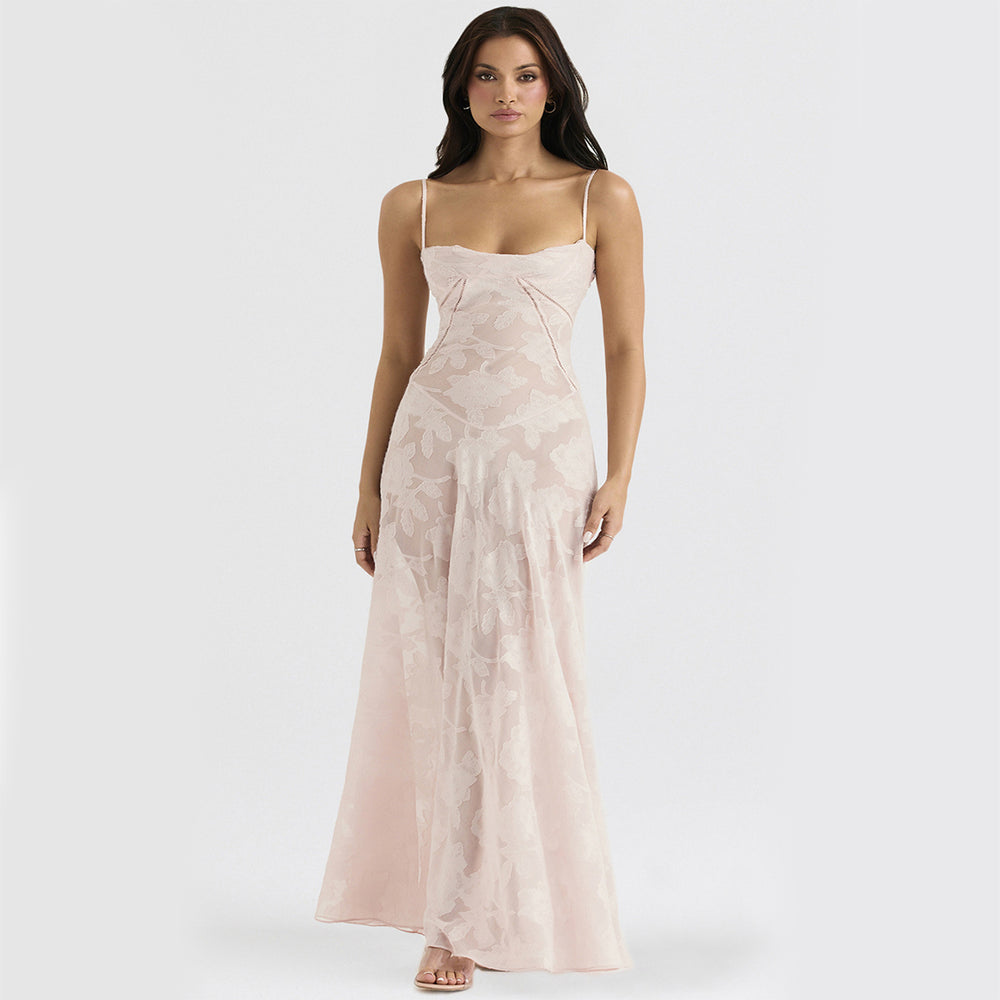 Robe Bretelles en Dentelle Florale Sexy, Mode Été, Robes Longues Slim à Lacets au Dos, Tenue de Soirée Club pour Femme