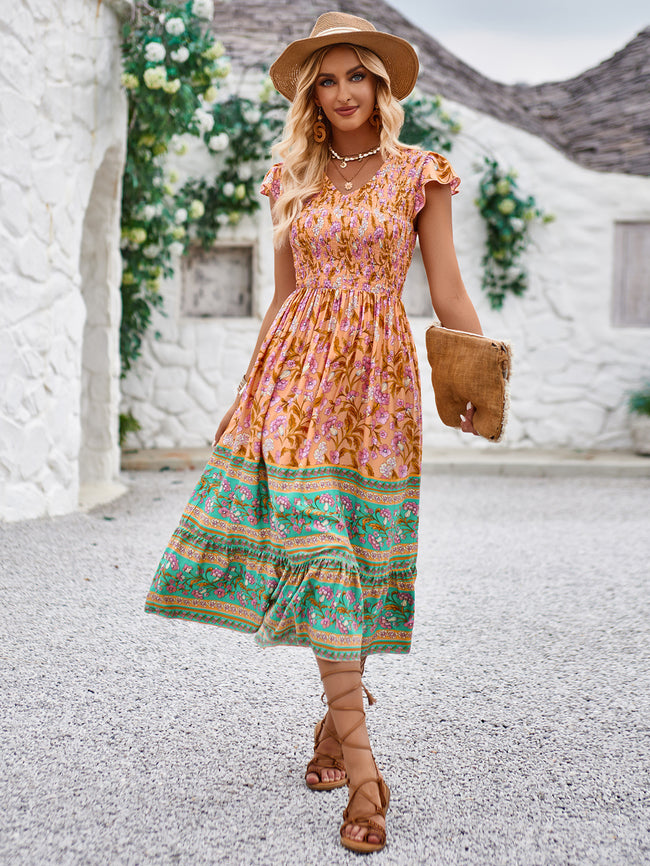 New Flowers Print V-neck Dress Summer Casual Ruffle Sleeveless Dresses Bohemian Holiday Beach Dress For Womens Clothing Main Image