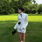 Turtleneck V-neck Long-sleeve Waist-cinching Suit Jacket And Sheath Skirt Two-piece Set