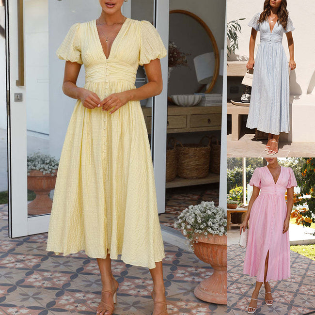 V-neck Short-sleeved Dress With Slim-waisted Design Summer Fashion Puff Sleeve Long Dress For Women Clothing Hover Image