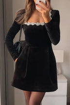 Christmas Elegant Square Neck Long-sleeved Dress With Flowers Rhinestone Design Fashion A-line Short Dresses Spring Clothing For Women