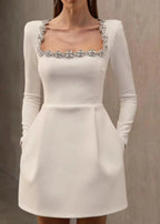 Christmas Elegant Square Neck Long-sleeved Dress With Flowers Rhinestone Design Fashion A-line Short Dresses Spring Clothing For Women