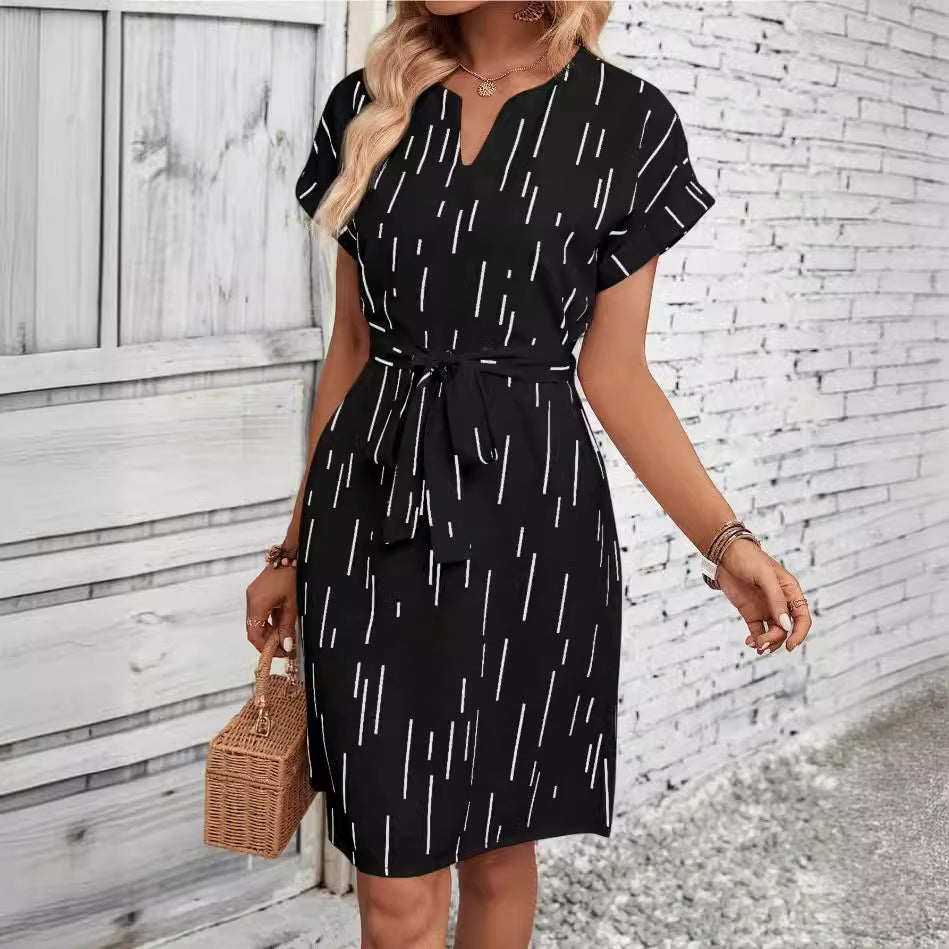 Women's Full Print Slotted Neckline Batwing Sleeve Belt Dress