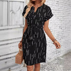 Women's Full Print Slotted Neckline Batwing Sleeve Belt Dress