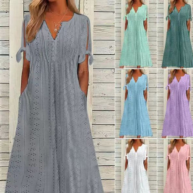Women's Eyelet V-Neck Maxi Dress Short Sleeve Flowy A-Line Summer Beach Dress Hover Image