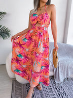 Women Floral Print Sleeveless Cutout Slip Maxi Beach Vacation Dress