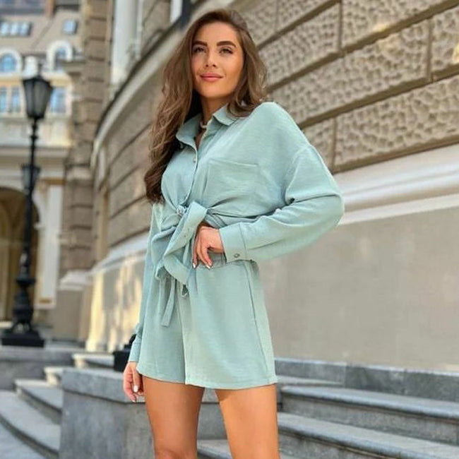 European And American Suit Women's Fashion Casual Linen Fabric Loose Shirt Lace-up Summer Shorts Two-piece Set Hover Image
