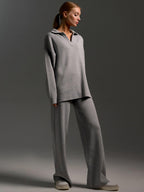 Women's Sweatshirt Suit Casual Collared Long-Sleeved Pullover Top And Loose Straight-Leg Pants Fashion Sport Trousers Set
