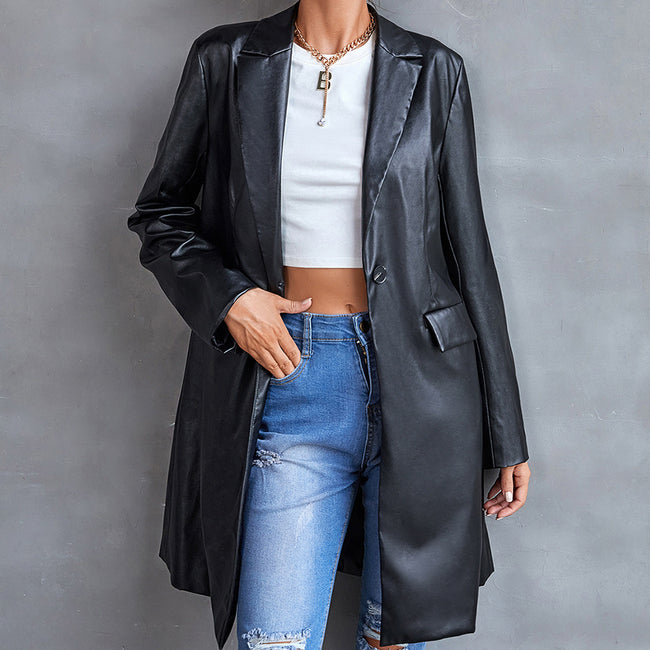 Women's Leather Slim Long-sleeved Windbreaker Blazer Top Hover Image