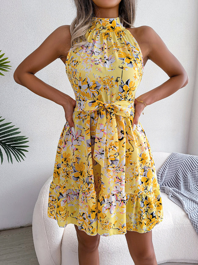 Women   Elegant Tie Waist Ruffle Hem Flowy Floral Print Dress Main Image
