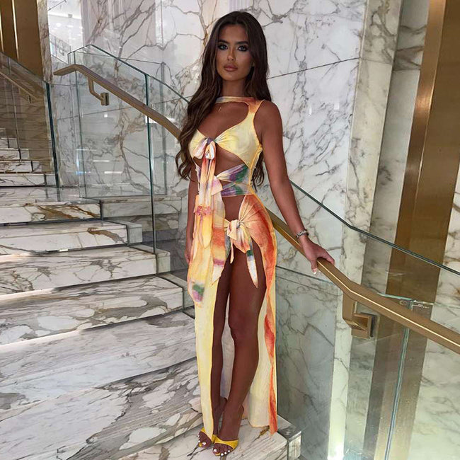Gradient Printing Lace-up High Slit Dress Women Hover Image
