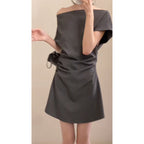 Gray High-grade Off-neck Short Sleeve Dress