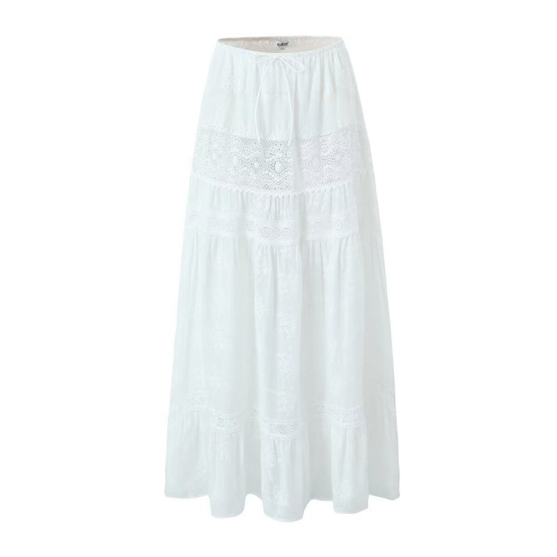 Off-neck Lace Short Small Top High Waist Drawstring Patchwork Long Dress