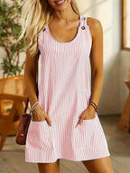 Summer Fashion Striped Patchwork Commuting U-Neck Sleeveless Pockets Back Button Casual Straight Slimming Mini Dress For Women