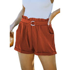 Lace-up Pocket Solid Color High-waist Casual Shorts Women