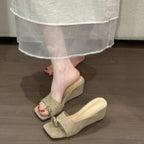 Elegant Premium Square Toe Metal Buckle Toe Loop Slide Sandals For Women, Minimalist Suede Designer Casual Mule Slippers