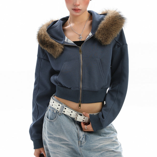 Detachable Fur Collar Hooded Short Hoodie With Exposed Waist Zipper Jacket Hover Image