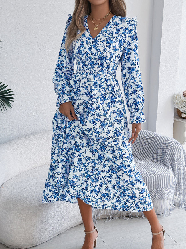 Women's Elegant Floral Cross V-Neck Waist-Defined Hem Ruffle Maxi Dress Hover Image