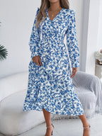 Women's Elegant Floral Cross V-Neck Waist-Defined Hem Ruffle Maxi Dress