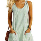 Summer Fashion Striped Patchwork Commuting U-Neck Sleeveless Pockets Back Button Casual Straight Slimming Mini Dress For Women