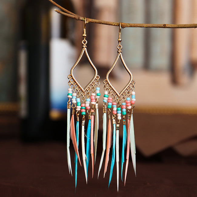 Ornament Colorful Beads Tassel Feather Earrings Women Bohemian Style Cross-border Earrings European And American Jewelry Hover Image