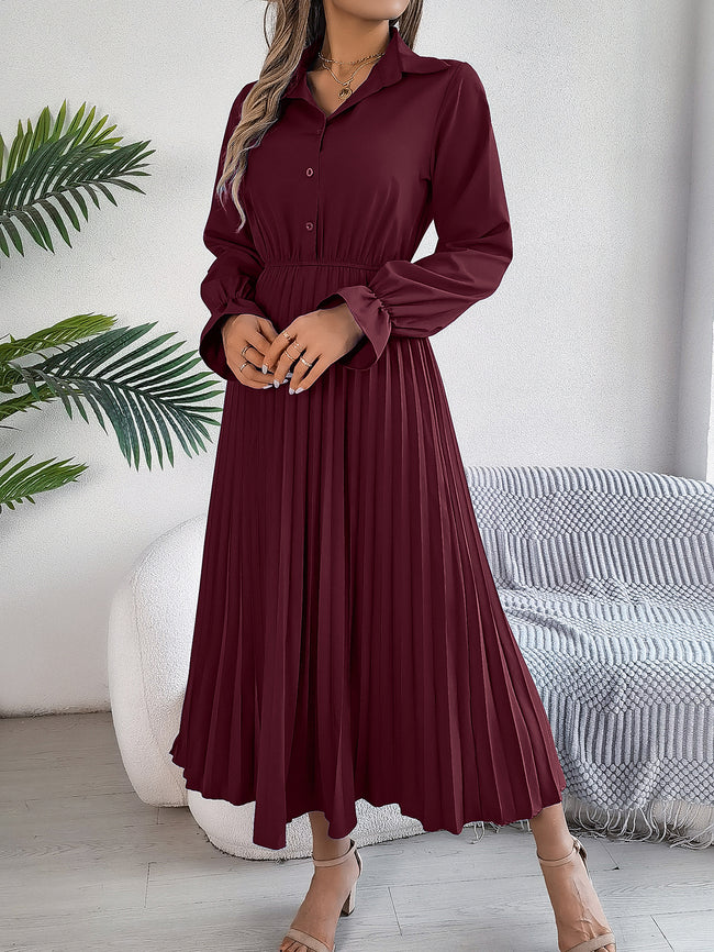 Women's Casual Lapel Button Long Sleeve Tie Waist Pleated Maxi Dress Main Image
