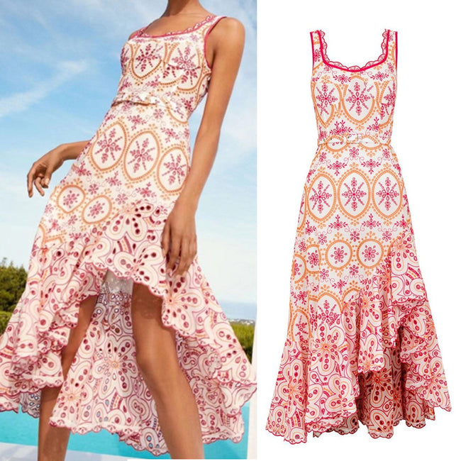 Seaside Vacation Style Irregular Embroidered Strap Dress Main Image