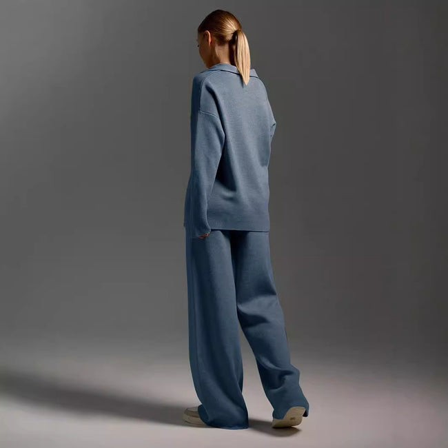 Women's Sweatshirt Suit Casual Collared Long-Sleeved Pullover Top And Loose Straight-Leg Pants Fashion Sport Trousers Set Main Image