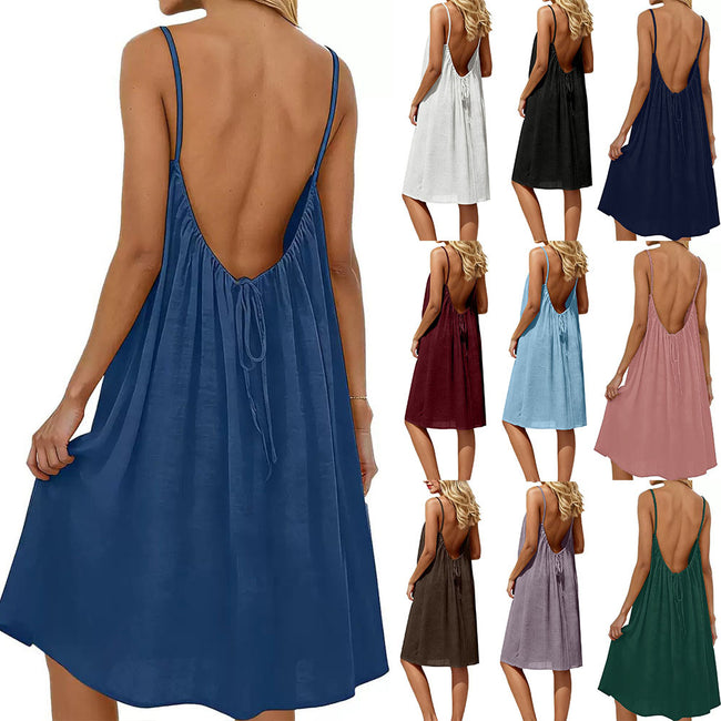 Women's Solid Color Spaghetti Strap Backless Dress - Sleeveless Summer Bodycon Fit Casual Evening Dress For Daily Wear Holiday Outfit Hover Image