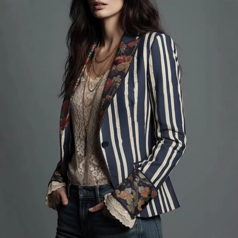Women's Bohemian Color-Block Striped Blazer