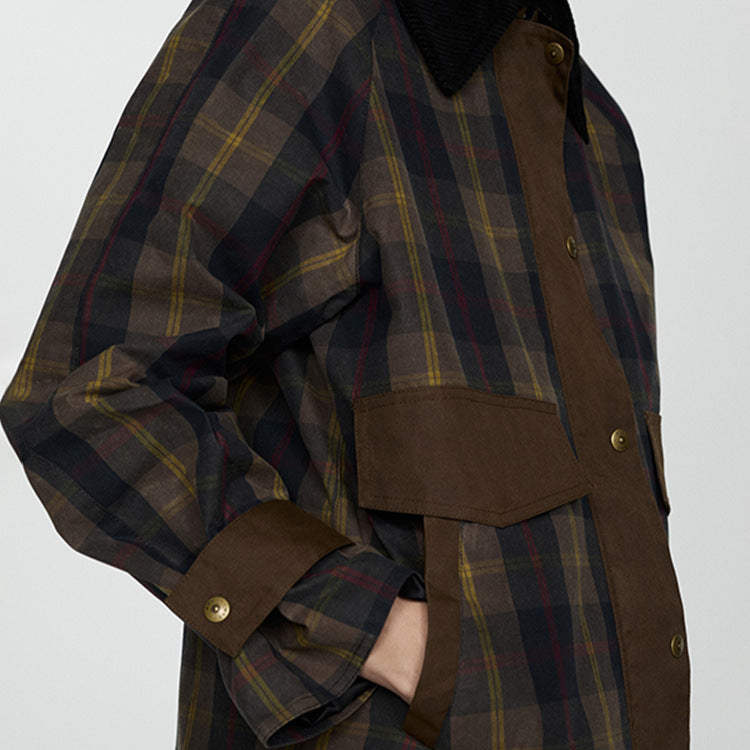 Autumn And Winter Plaid Fur Collar Cotton-padded Coat