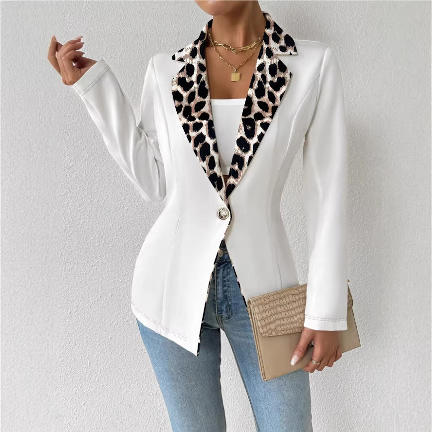 Womens Elegant Leopard-Print Long-Button Printed Blazer