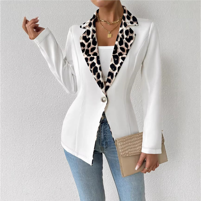 Womens Elegant Leopard-Print Long-Button Printed Blazer Hover Image
