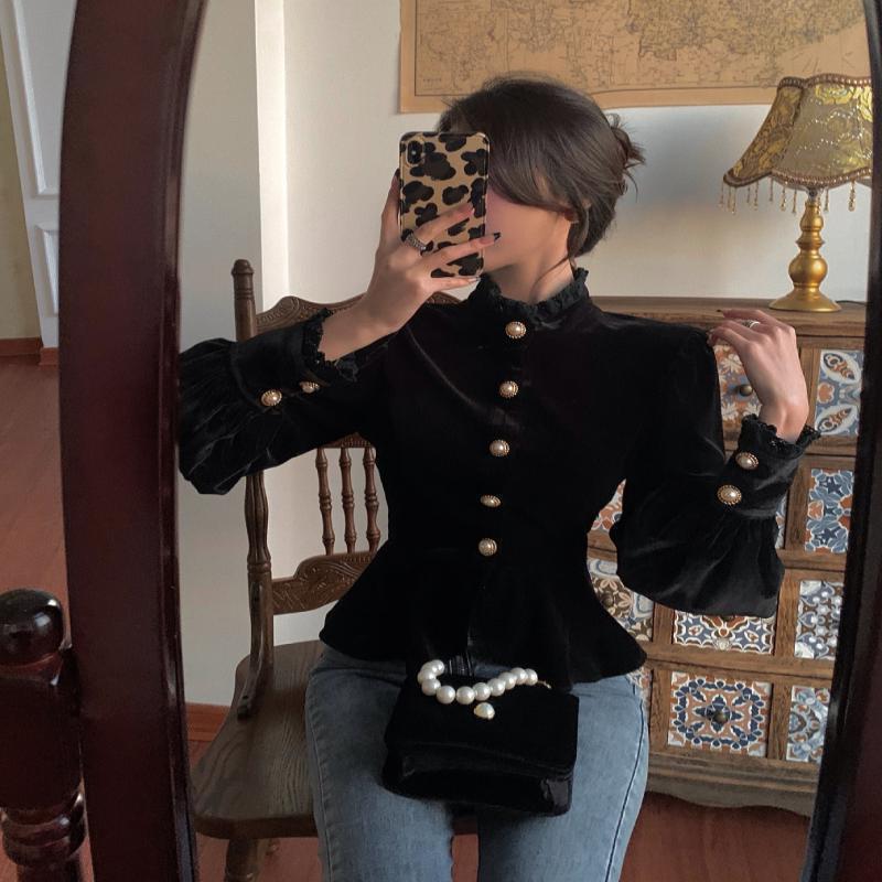 French Royal Style Velvet Lace Shirt For Women