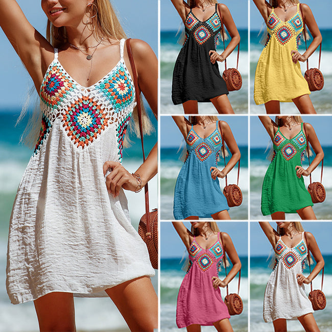 Summer Sleeveless Dress Bohemia Stitching Colorful Pattern V-neck Hollow Beach Dress Hover Image